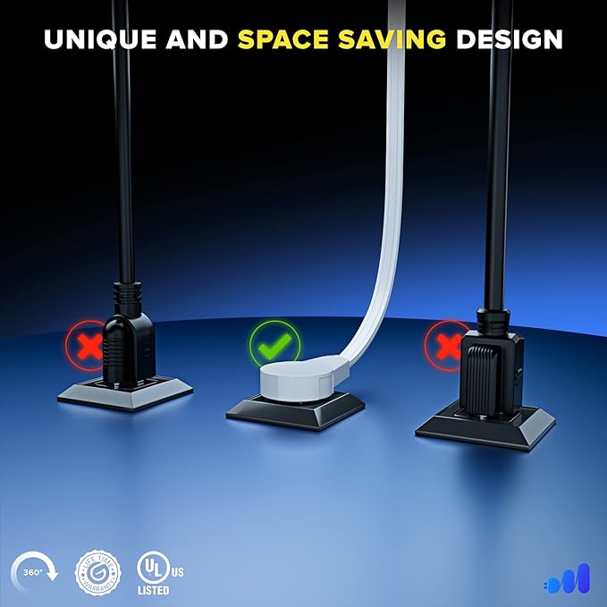 Maximm 360 Rotating Flat Plug Extension Cord - 15ft Slim Space-Saving Design, Under Carpet (White)