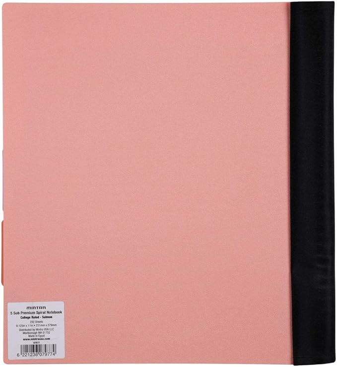 Mintra Office Durable PREMIUM Spiral Notebook, ((Salmon, 5 Subject (8.5in x 11in)), Fabric Covered Coils, No Snags, College Ruled, Adjustable PocketDividers, Ruler, Organization, School