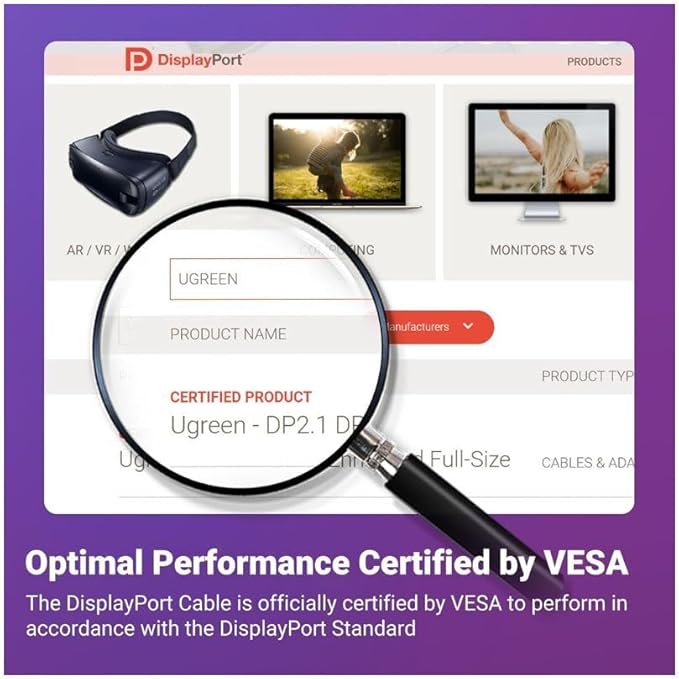 UGREEN 16K DisplayPort Cable 2.1 [VESA Certified] DP2.0 40Gbps Support 8K@240Hz 4K@240Hz HDR, HDCP, DSC 1.2a, Braided Display Port Cable Cord Compatible FreeSync G-Sync Video Card Monitor, 6.6FT