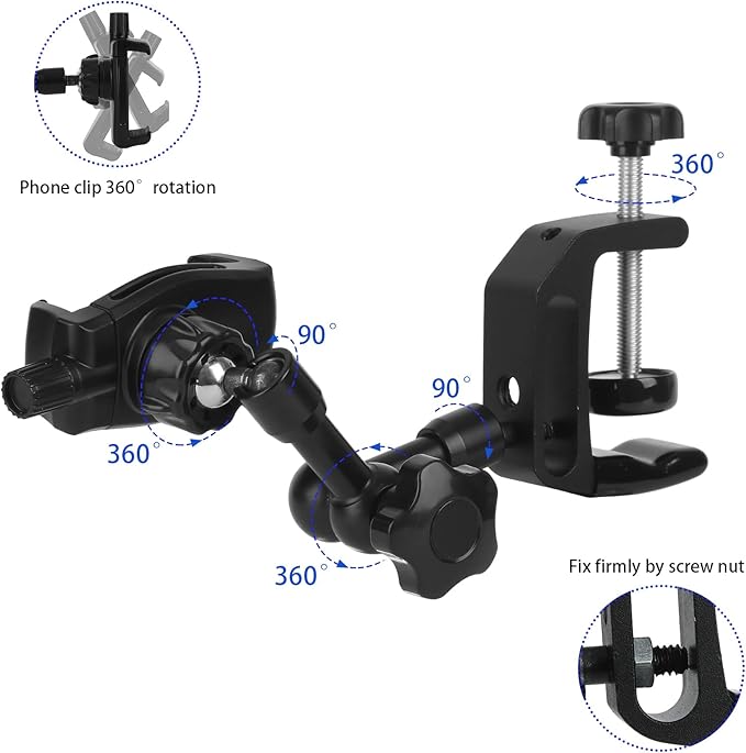 iPhone Mount for Desk/Table/Rod/Kitchen Cabinet,360°Adjustable Aluminum Alloy Phone Stand,Clip Holder Compatible with 3.5~7.5" iPhone/Nexus/HTC/Huawei/Smartphone