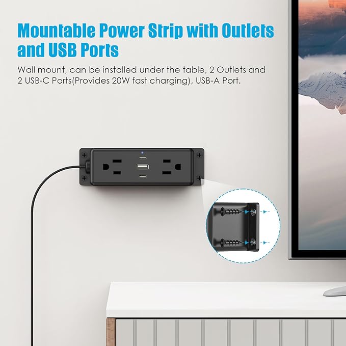CCCEI Wall Mount Power Strip with USB Ports, Under Desk Mountable Power Strip with Outlets, 2FT Flat Plug Extension Cord Outlet, 20W USB-C Ports.