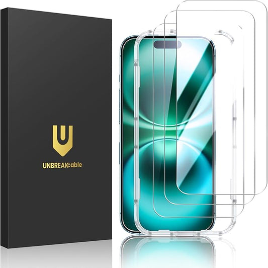 UNBREAKcable 3-Pack Screen Protector for iPhone 16 Plus, Double Shatterproof Tempered Glass [Easy Installation Frame] [9H Hardness] [99.99% HD Clear] [Case Friendly] for iPhone 6.7 inch