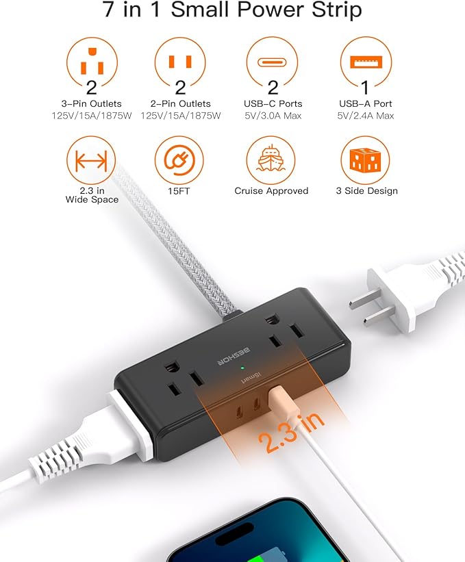 Extension Cord 15 ft, BESHON Flat Plug Power Strip, Long Power Strip, 4 Widely Outlets with 3 USB Ports (2 USB C), Extension Cord with Multiple Outlets for Home, Office, Dorm Room Essentials, Black