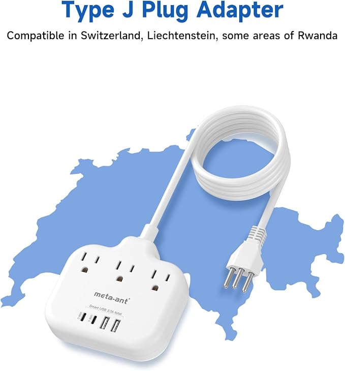 Switzerland Travel Plug Adapter with 5FT Extension Cord, meta-ant Type J Adapter with 3 Outlets 4 USB Ports(2 USB-C), Switzerland Power Adapter for US to Swiss Switzerland Liechtenstein Rwanda