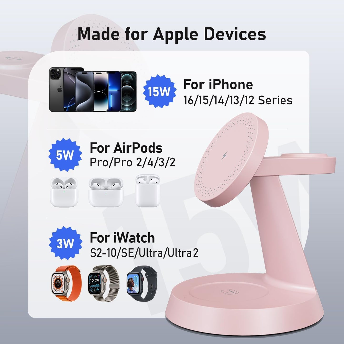 3 in 1 Wireless Charging Station for Apple Mag-Safe 15W Fast Charger Stand for Multiple Apple Devices Magnetic Charger for iPhone 16/15/14/13/12 Series, AirPods, iWatch Series(Pink)