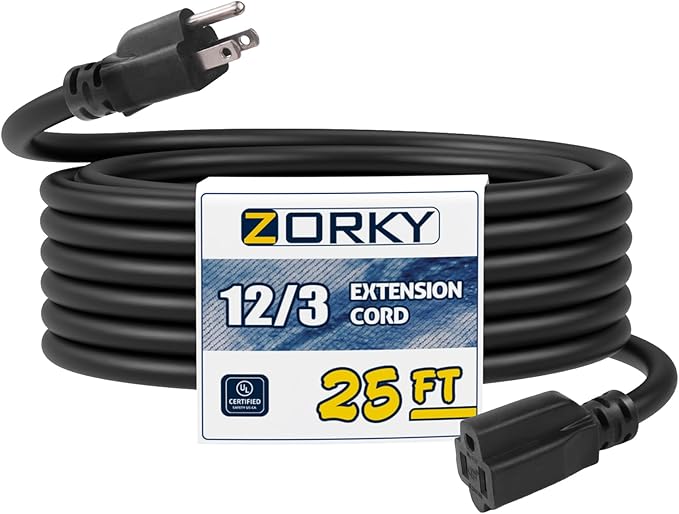 25ft Indoor Outdoor Extension Cord - 12/3 SJTW Heavy Duty Extension Cable with 3 Prong Grounded Plug for Safety -15Amp 1875W Black Electric Cord Great for Garden, Appliances