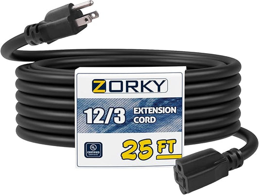 25ft Indoor Outdoor Extension Cord - 12/3 SJTW Heavy Duty Extension Cable with 3 Prong Grounded Plug for Safety -15Amp 1875W Black Electric Cord Great for Garden, Appliances
