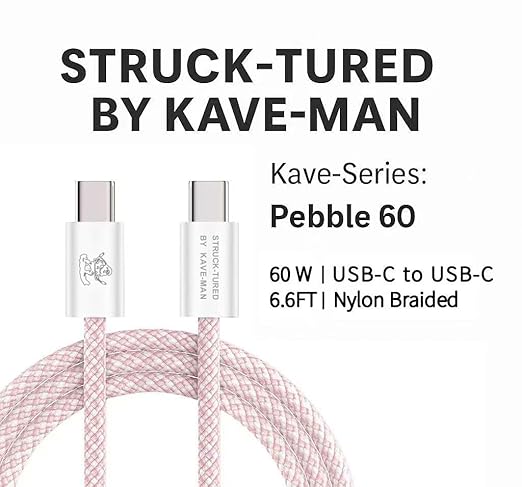 Pebble 60W USB-C to USB-C Cable – 6.6ft Pink | Fast Charging, Durable Nylon Braided, Universal USB-C Compatibility (ABS Shell, Pink)