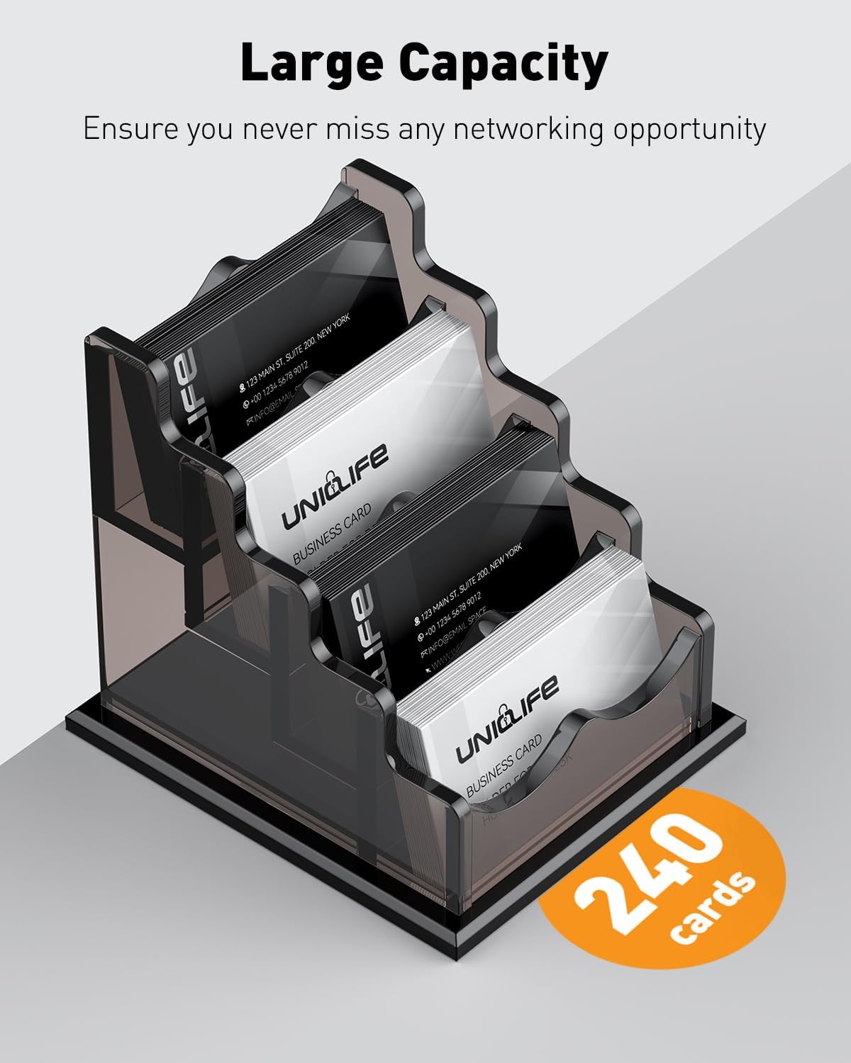 Uniclife Acrylic Business Card Holder for Desk 4 Slots Horizontal Business Card Display Stand for Men and Women Desktop Name Card Organizer Card Stand for Office Home, 240 Card Capacity, Black