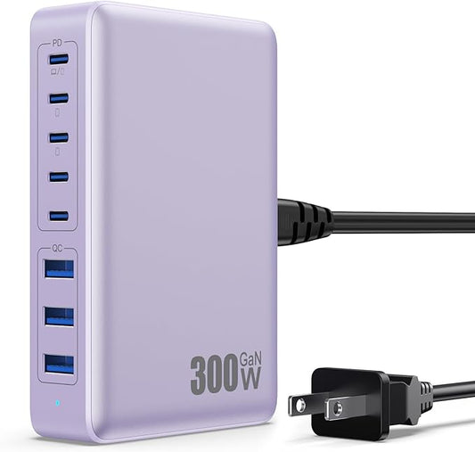 USB C Charger 300W USB C Charger Block, 8-Ports GaN IV Fast Charging Station Hub, Dual PD 100W Laptop Charger Adapter,for MacBook Pro/Air/iPad/iPhone16/15/14/Apple Watch/DELL/Samsung for Home Office