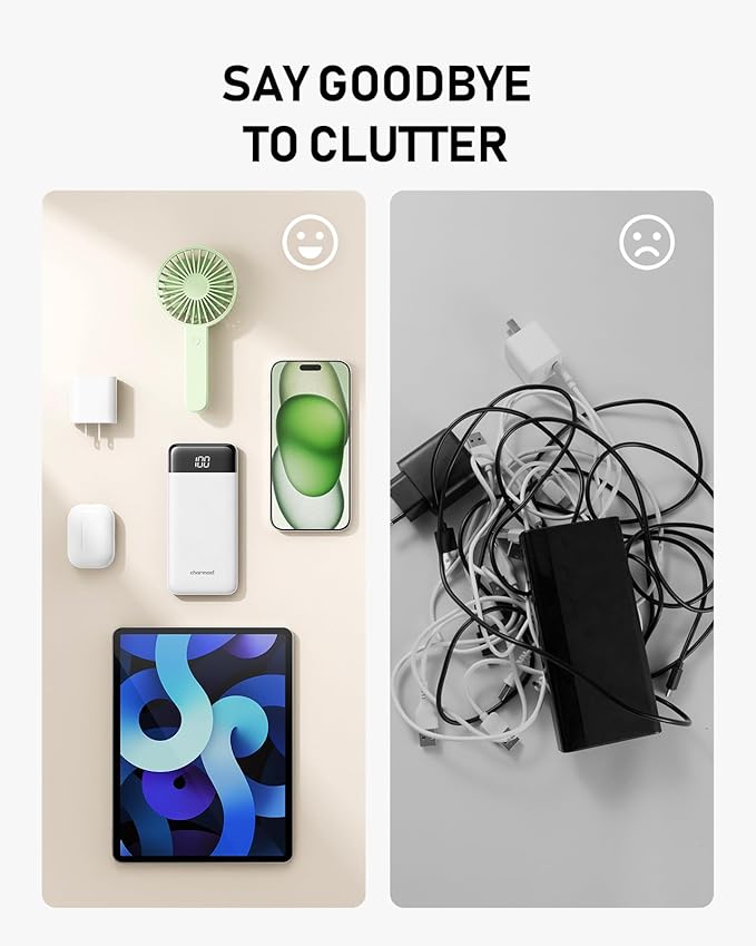 charmast Portable Charger with Built in Cables, 10000mAh Slim Power Bank, 15W USB C in&Out Port High Speed Charging External Charger, Battery Pack Compatible with iPhone 16 15 13 Samsung Google iPad