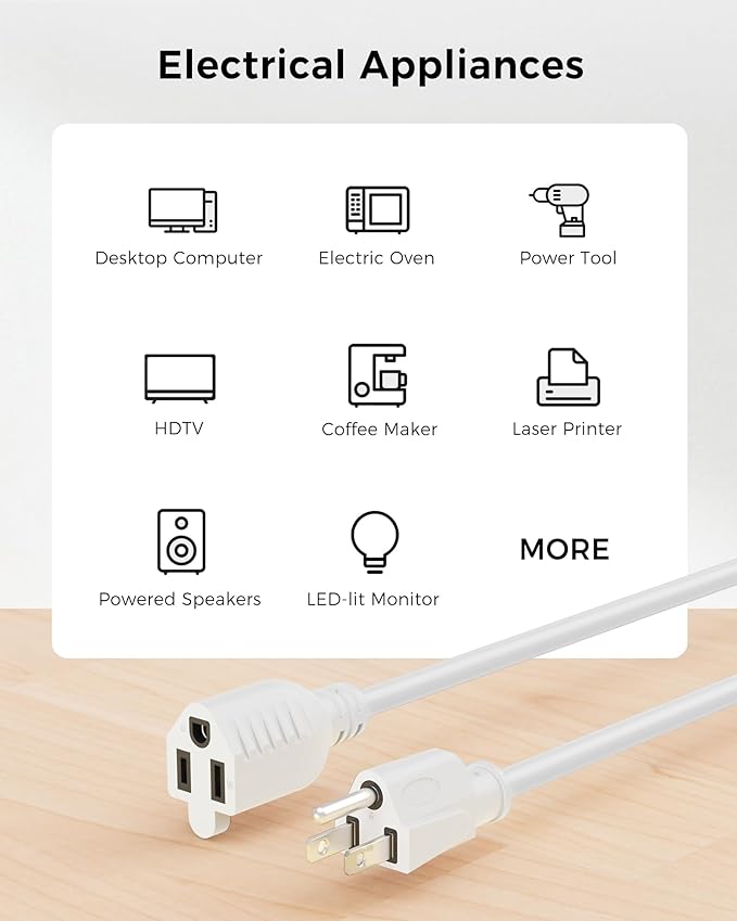 Cable Matters [UL Listed] 2-Pack 16 AWG Heavy Duty 13A Power Extension Cord - 6ft, 3 Prong Power Cord Extension, NEMA 5-15P to NEMA 5-15R, White