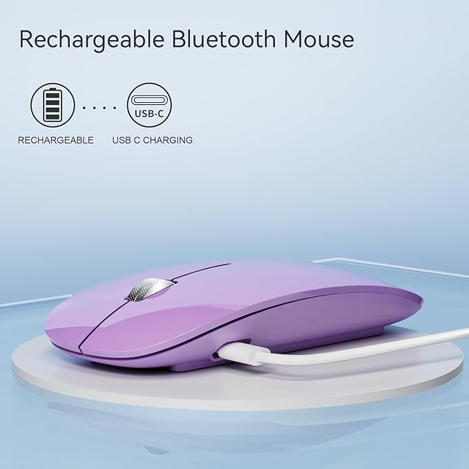 TENMOS M18 Bluetooth Mouse, USB C Rechargeable Wireless Mouse, Triple Mode (Dual Bluetooth+USB) Computer Silent Mice Portable with USB Receiver and Type C Adapter for Laptop/MacBook/iPad/PC - Purple