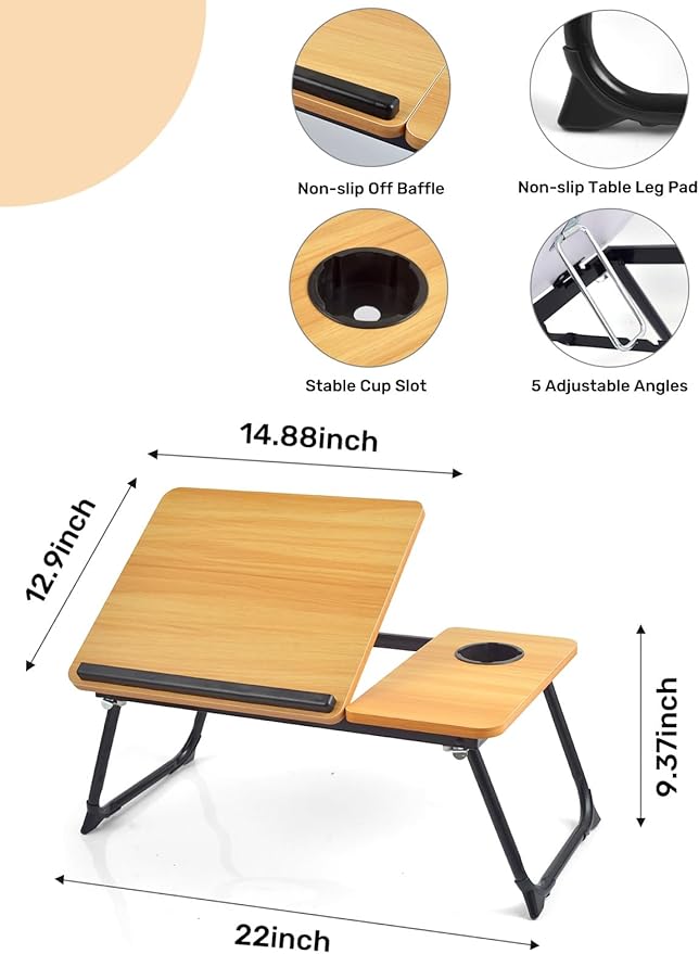 Lap Desk for Couch/Sofa/Floor, 5-Angle Adjustable Bed Desk with Foldable Legs &Cup Holder, Light Weight Bed Tray Table for Writing/Eating/Reading, Portable Laptop Stand for Adults, Kids
