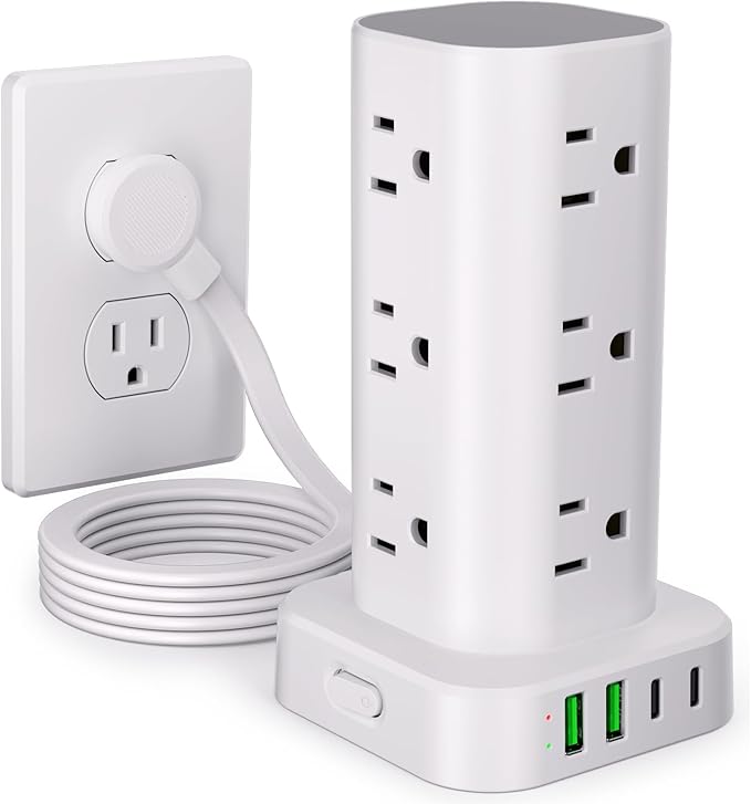 Power Strip Tower with Multiple Outlets, Flat Plug Surge Protector Tower Extension Cord with 12 AC Outlets 4 USB Ports (2 USB C), 6FT Cord Power Tower Surge Protector for Home Office Dorm Room, White