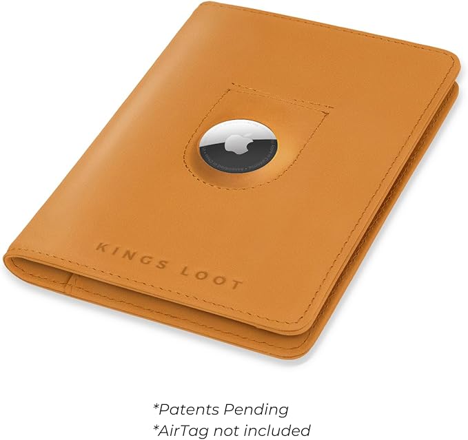 Kings Loot Passport Holder Wallet – RFID Blocking Leather Travel Wallet with Built-in Airtag Holder – Holds 1-6 Cards & Passport – Easy Pull Tab – Slim & Stylish Wallets (Cognac)