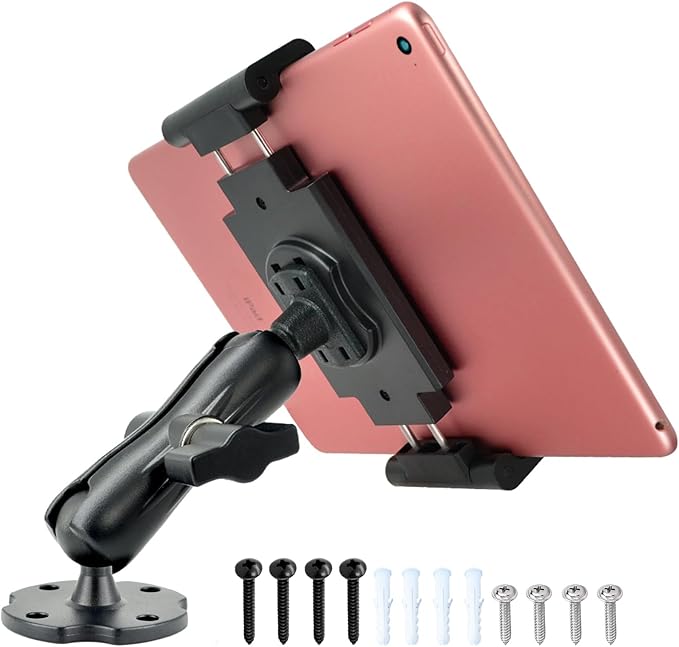 Aluminum Arm Heavy Duty Tablet Mount Drill Base - for 6.5"-12.9" Tablet iPad Pro/Mini, iPad Holder for Truck, Car,Dashboard,Desk,Wall-Swivel with 1 inch/25mm Ball Joint