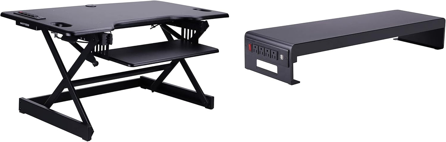 Rocelco 46" Standing Desk Converter with AC USB Charger and Dual Monitor Stand - Height Adjustable Three Screen Riser Computer Workstation - Sliding Keyboard Tray - Black (R DADRB-46-ACUSB-DM3)