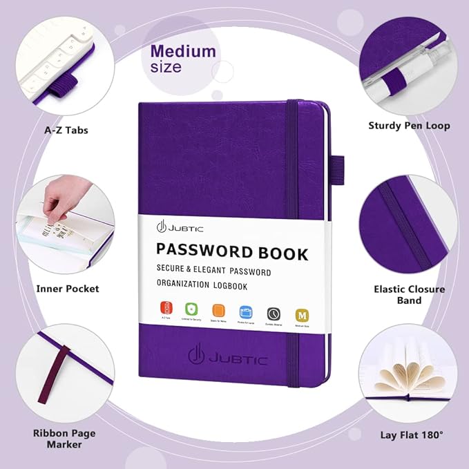 JUBTIC Password Book with Alphabetical Tabs. Medium Size Password Keeper Logbook for Internet Log in, Website Address. Hardcover Password Journal Notebook & Organizer for Home Office, Violet Purple