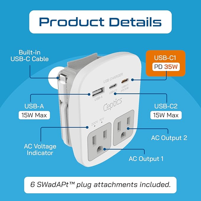 Ceptics Universal Travel Adapter Kit – 2 USA sockets, 2 USB-A (1x QC 3.0) and USB-C cable, Surge Protected, Plugs for EU, UK, China, AU, Japan - Use with Laptop, Phones, Cameras - ETL Tested