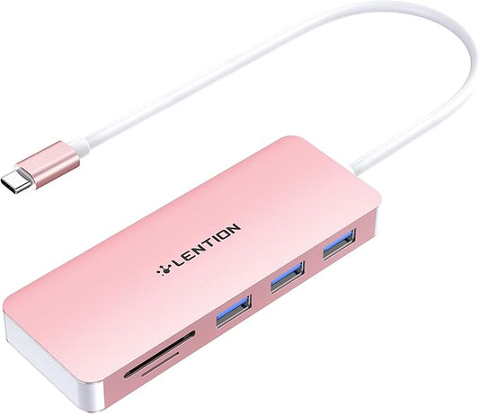 LENTION USB C Hub, 5-in-1 USBC Multiport Adapter with 3 x Powered USB 3.0 Ports 5Gbps, SD/TF Card Reader, for MacBook Pro/Air, iPad, Surface, iPhone 15 & More, Stable Driver 3.0, Rose Gold (CB-C15)
