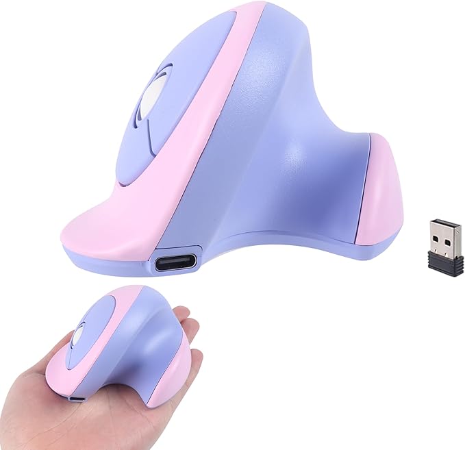 Wireless Mouse Ergonomic Vertical Mouse with Bluetooth & 2.4GHz USB Receiver 3 Buttons Rechargeable Silent Portable Optical USB Cordless Mice for Laptop PC Desktop Tablet Kids Adults Gifts (Purple)
