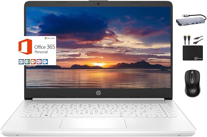 HP 2024 Premium 14" Micro-Edge Portable Laptop Student Business, Intel Quad-Core N4120, 8GB RAM, 192GB (64GB eMMC+ 128GB Card), Webcam, WiFi, Windows 11S + 1 Year Office 365, MarxsolAccessory White