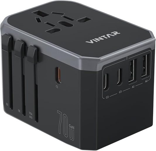 Universal Travel Adapter, VINTAR 70W GaN International Power Adapter with 5 USB Ports (3 USB-C), All-in-one Travel Essentials Plug Adaptor, Travel Adapter Worldwide for UK/EU/USA/AUS, Black