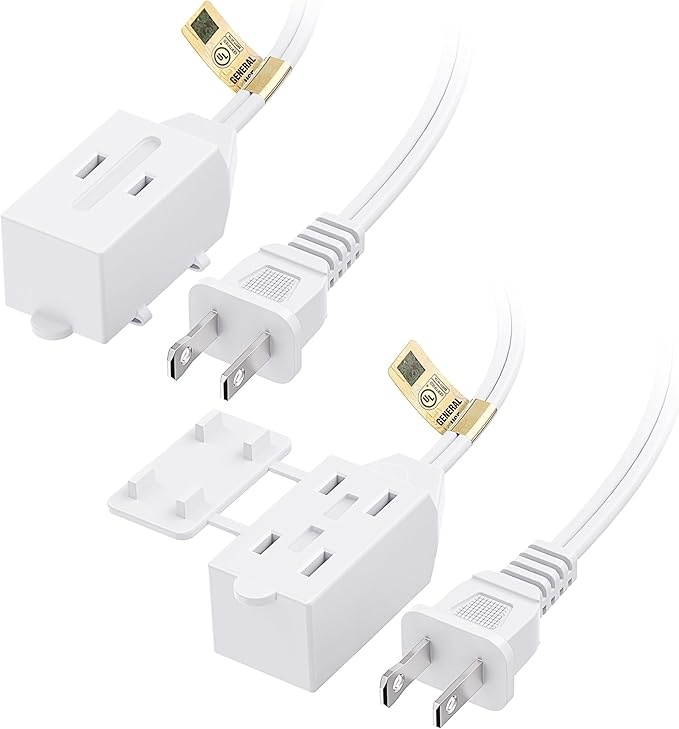 Cable Matters [UL Listed] 2-Pack 16 AWG 2 Prong Extension Cord 10 ft, 13A 3-Outlet Extension Cords with Tamper Guard, 13 Amp, 1625 Watts, White