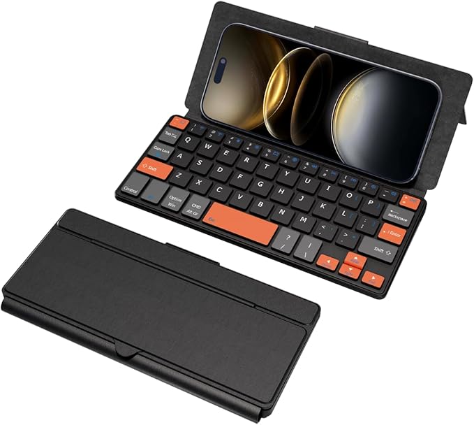 Doohoeek Universal Bluetooth Mini Keyboard, Wireless Compact Keyboard with Orange Navigation Keys & Any-Angle Stand for Android/iOS/Windows, Dual-Device Keypad for Phones/Galaxy Z Fold/iPad mini