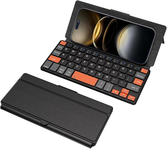 Doohoeek Universal Bluetooth Mini Keyboard, Wireless Compact Keyboard with Orange Navigation Keys & Any-Angle Stand for Android/iOS/Windows, Dual-Device Keypad for Phones/Galaxy Z Fold/iPad mini