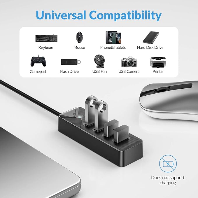 PG4U-U3 4-Port USB 3.0 Hub - 0.15M Cable, 5Gbps High-Speed Data Transfer, Multi USB Port Expander for Windows/Mac/Linux, USB Splitter for PC, Laptop, Mac/MacBook Air/Pro - Black