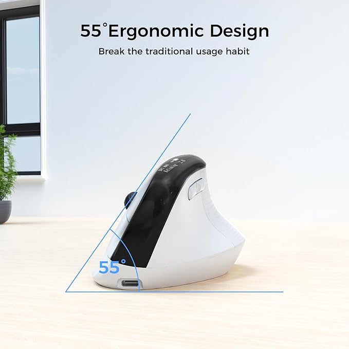 Wireless Ergonomic Mouse, Vertical Ergo Mouse with OLED Screen, Quiet Click, Rechargeable, Wired/Bluetooth/2.4GHz, 5 Adijustable DPI 800-6400 for Laptop, PC, Desktop, Computer, White