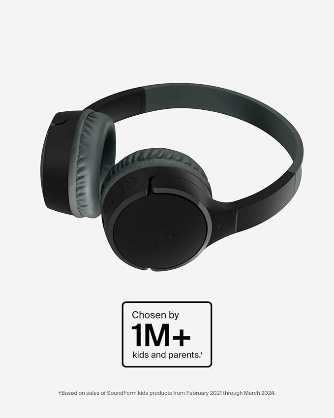 Belkin SoundForm Mini Kids Wireless Headphones w/Built-in Microphone, 30H of Playback Time, & Fun Stickers - Over-Ear Headsets for Online Learning, School, Travel, iPhone, iPad, Galaxy & More - Black