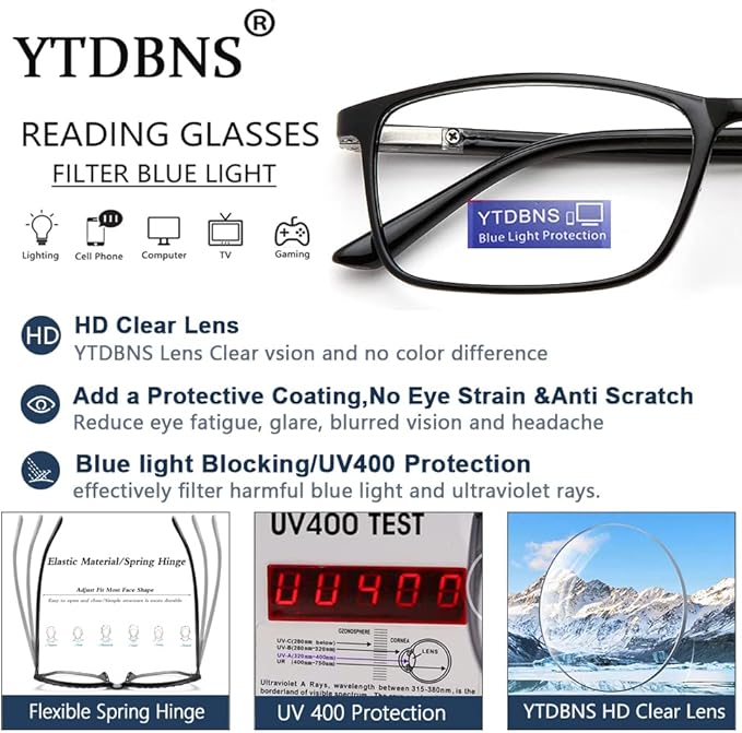Professional Reading Glasses for Men/Women, Blue Light Blocking Computer Readers with Spring Hinges for Glare and UV Protection