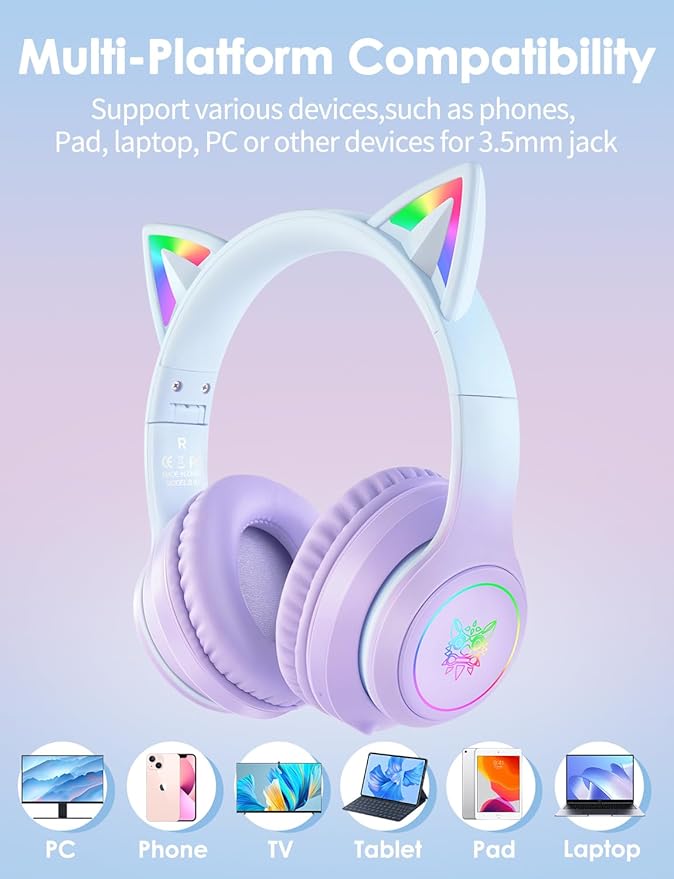 Cat Ear Bluetooth Headphones with Micphone for Kids & Adults, LED Light Up Wireless HI-FI Sound Quality, Over-Ear Headphones with Volume Control for iPhone/iPad/Laptop/PC(55H Play Time)