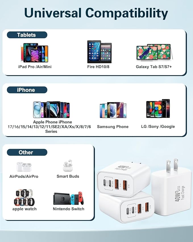 iPhone 17 USB C Fast Charger Block,3-Pack 40W USB C Charging Block 4-Port Dual Port PD+QC Fast Plug Wall Charger for iPhone 17/17 Pro/17Pro Max/Air/16/16e/16 Pro Max/16 Plus/15/14/13/12/11/Xs Max,iPad