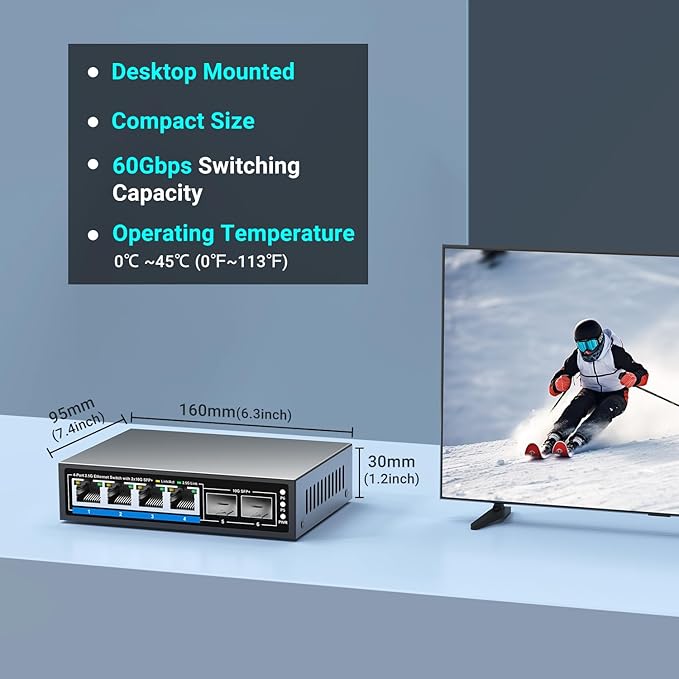 6 Ports 2.5Gb Unmanaged Ethernet Switch with 4* 2.5G Base-T Ports, 2* 10G SFP+ Ports. 2.5Gbps Network Switch for 2.5Gbps NAS/PC, WiFi6 Router, Wireless AP. Fanless Design, Plug and Play