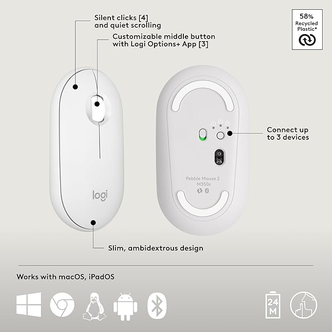 Logitech Pebble 2 Combo for Mac, Wireless Keyboard and Mouse, Slim, Quiet and Portable, Customizable, Bluetooth Mouse and Keyboard, Easy-Switch, for macOS, iPadOS - Tonal White