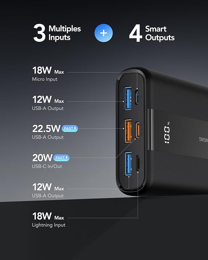 VRURC Portable Charger, 20000mAh Small Power Bank,22.5W Fast Charging Battery Pack USB C,Travel External Battery with 4 Outputs Compatible iPhone 16 15 14 13,Samsung,Android,etc-Black