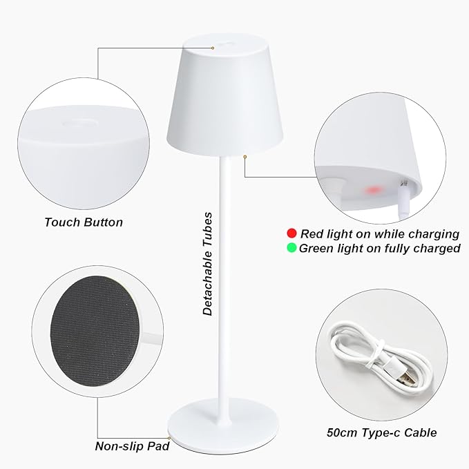 Kakanuo Cordless Table Lamp Rechargeable White - KK 2 Pack 5000mAH Battery Operated Lamp for Table, 3 Color Stepless Dimming Wireless Lamp for Kitchen Counter, Outdoor Patio, Touch Control