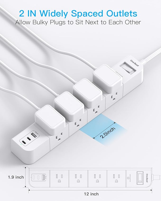 One Beat Extension Cord 15 ft,Surge Protector Power Strip with 8 Widely AC Outlets 3 USB(2 USBC),Flat Plug Power Strip,Desktop Charging Station with Overload Protection for Home,Office,Dorm,ETL Listed