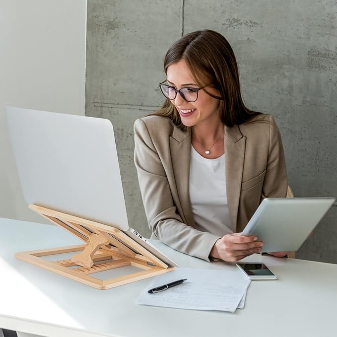 Wooden Laptop Stand for Desk with Free Phone Holder, Foldable and Adjustable Ergonomic Laptop Riser for 10-15.6 Inch Notebooks, Portable MacBook Stand (Natural Wood, Universal Fit)