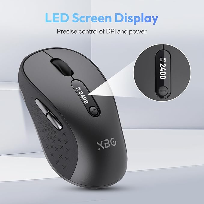 XBG B15pro Wireless Bluetooth Mouse, Bluetooth 5.0/4.0 & 2.4G Tri-Mode, Type-C Rechargeable with LED Screen Display, Ergonomic Silent Click for Laptop/PC/Tablet, Multi-Device & Office Use