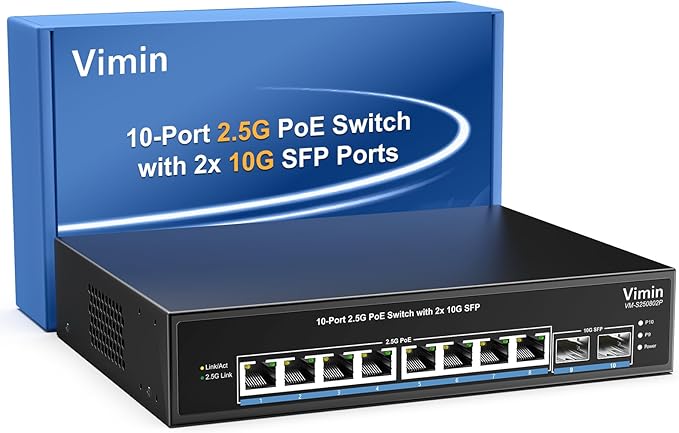 8 Port 2.5G PoE Switch Unmanaged, VIMIN 10x 2.5G Base-T PoE Switch, 2X 10G SFP PoE Switch IEEE802.3af/at, 80Gbps Ethernet Switching Capacity, 150W Switch for 2.5Gb NAS/PC, Metal Housing, Fanless