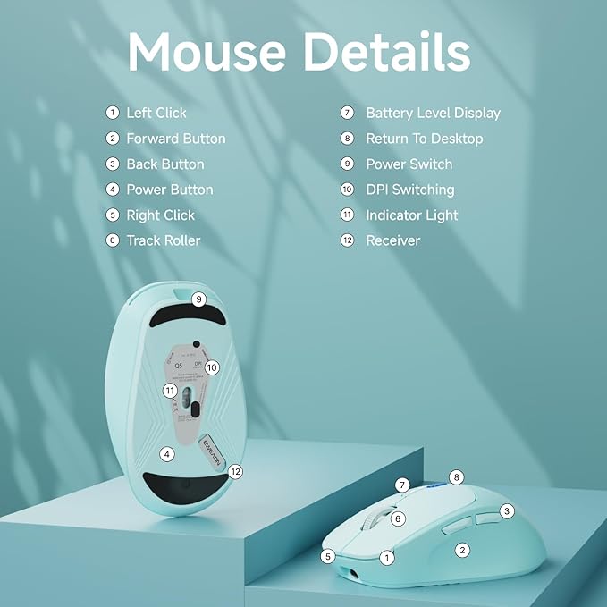 EWEADN Q5 Wireless Mouse, Bluetooth & 2.4G Quiet Computer Mouses with 1600 DPI, Battery Level Display, Ergonomic Office Mouse,6 Button Portable Cute Cordless Mice for Laptop/PC/Mac- Blue