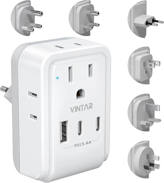 VINTAR Universal Travel Adapter Kit, International Power Adapter with 3 USB Ports (2 USB C) 4 AC Outlets, Type A,C,G,D,I,M Detachable Attachments, Travel Adapter Worldwide for US/EU/UK/India/Africa