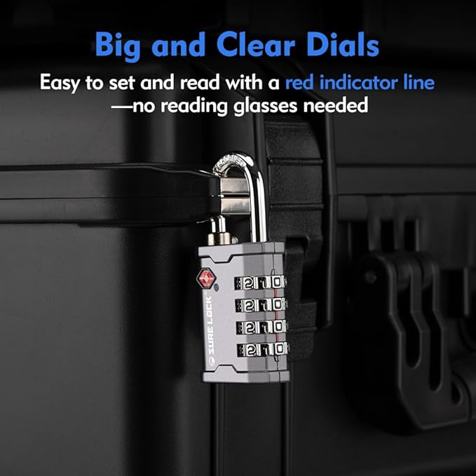 SURE LOCK TSA Accepted 4 Dig Heavy Duty Big Combination Luggage Padlock All Metal Travel Lock for Equipment Hard Case Luggage Gun Case Gym Locker Pelican Vault Lock (2, Grey)