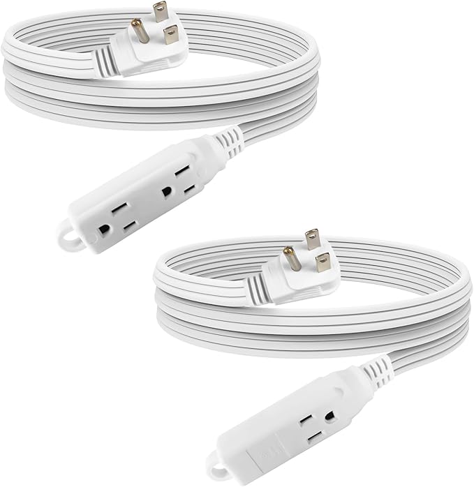 EP 6 Ft 3 Outlet Extension Cord with Flat Plug, 3 Prong Grounded, 16/3 SPT-3 Power Cable for Indoor Use, White, 2 Pack