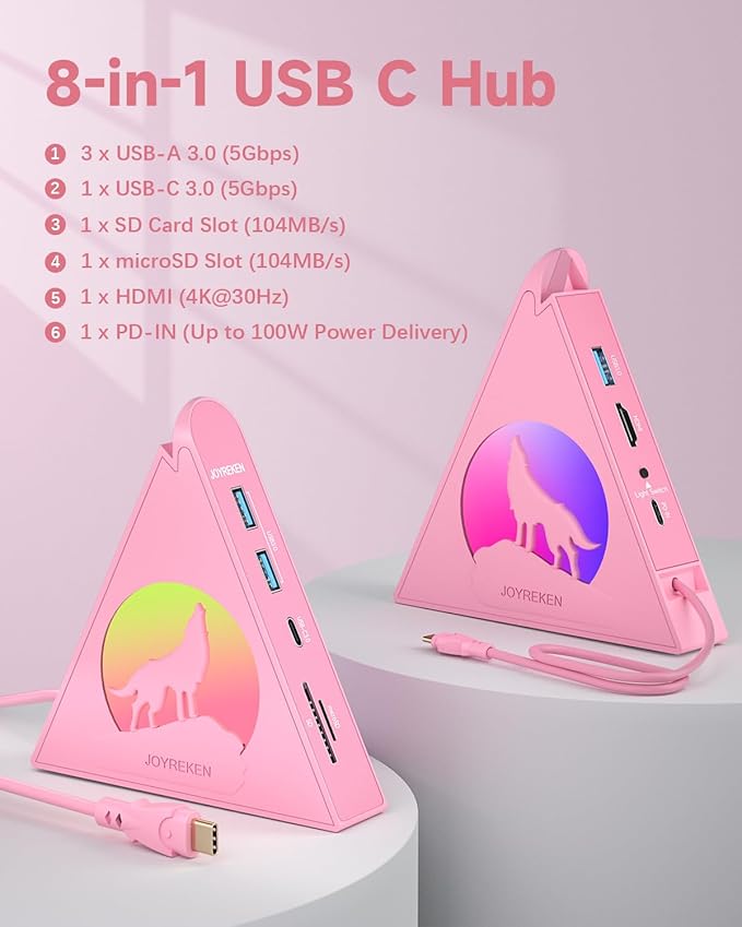 Pink USB C Hub, 8-in-1 Type C Hub with 4K HDMI, 100W Power Delivery, 5Gbps USB-C, 3xUSB-A 3.0, SD/TF Card Reader, RGB Lighting, Pink Dock for MacBook Air/Pro, iPad, iPhone16, Surface, XPS, etc.